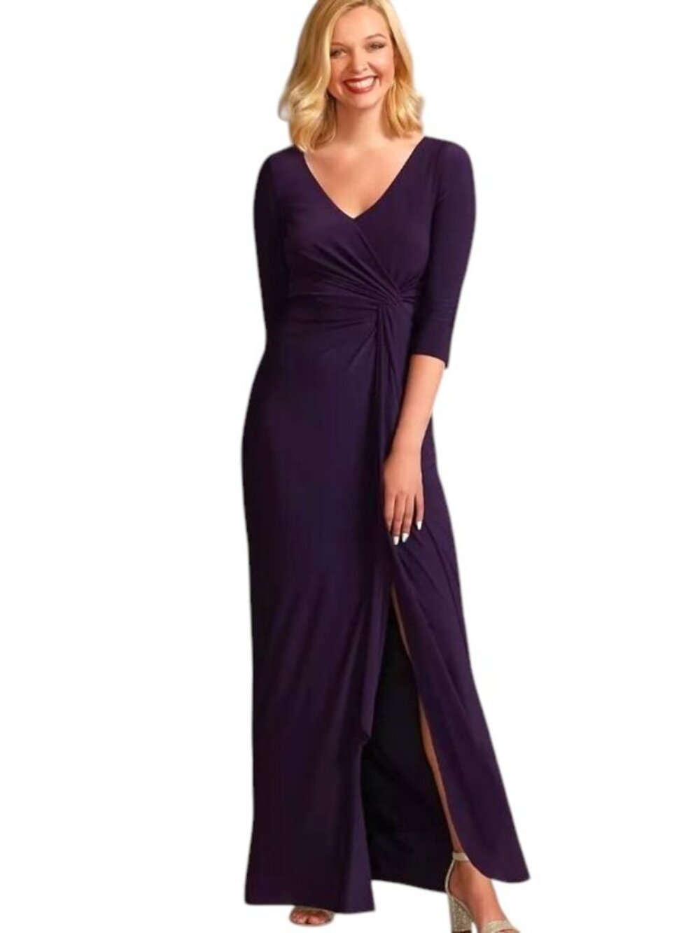 Oleg Cassini Women's Eggplant 3/4 Sleeve Wrap Front Back Bustle Sheath Gown